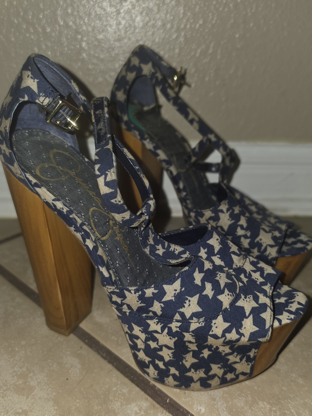 Star-Print Navy Platform Heels with Wood Block Heel, Jessica Simpson, DANY, rare